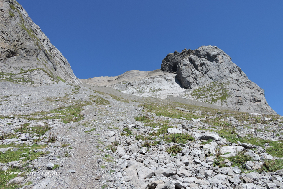 Rückblick auf die Geröllhalde im Abstieg sehr effizient.