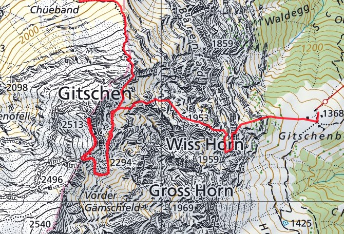 Hier etwas vergrössert die Ostflanke und ca die Route.
