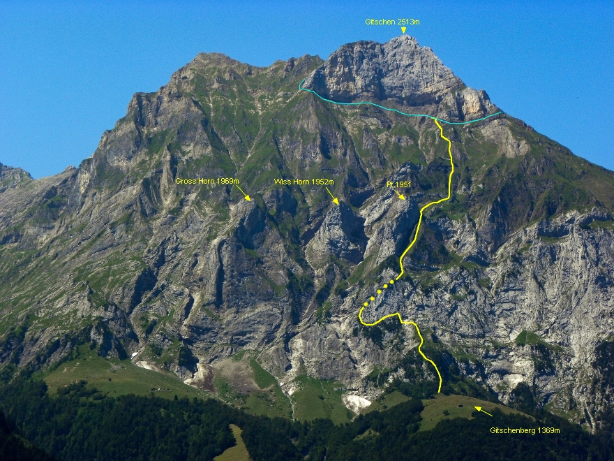 übersichts Bild, von Charly Bürgi, besten Dank. Gelb der Aufstieg via Ostflanke. Blau die Normalroute.