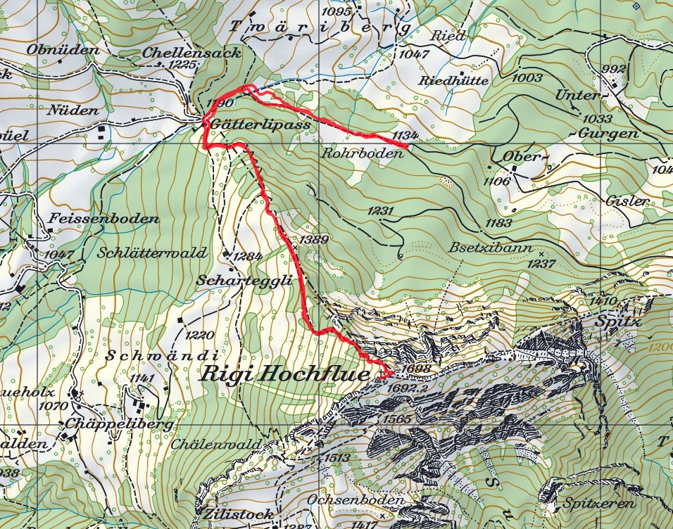21.April 2016 : Rohrboden 1134m - via Leiter - Rigi-Hochflue 1698m = 564hm