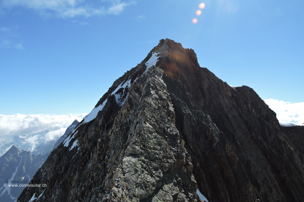 Auf dem Grat toller Fels, nur schade steigen viele Bergsteiger links vom Grat es hat dort bereits Wegspuren. Viel schöner ist es direkt auf dem Grat.