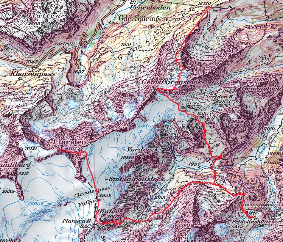 Zu Beginn eine Übersicht auf die Route. Auf meinen Bergtouren arbeite ich mit dem Satmap Active 12 GPS mit Swisstopo Skitouren Routen. Erhältlich beim (www.trailshop.ch) in Küssnacht am Rigi. Leider hatte ich nach dem Clariden das GPS nicht mehr eingeschaltet