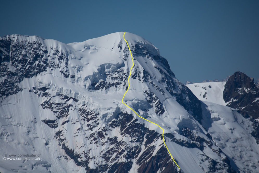 Zoom zum Breithorn 4164m mit einem Teil der Triftjigrat Route.