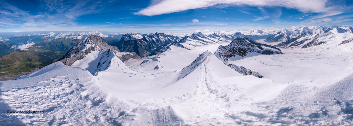 Links Richtung Eiger, Schreckhorn, Lauteraarhorn, Finsteraarhorn, Aletschgletscher, Aletschhorn, Jungfrau usw usw
