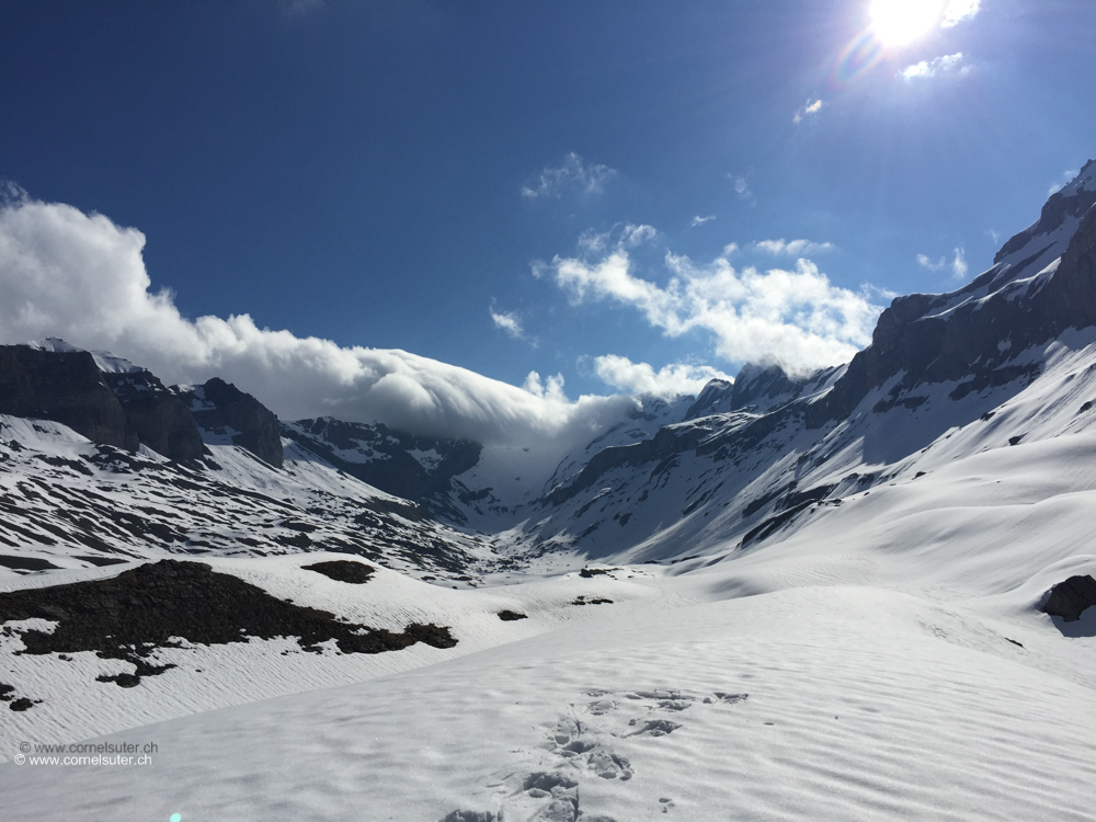 Zur genau gleichen Zeit ist Nicole mit den Huskys unten auf der Glattalp, bestes Wetter, hinten links oben irren Kili und ich in den Wolken herum. Danke Nicole für das Bild.