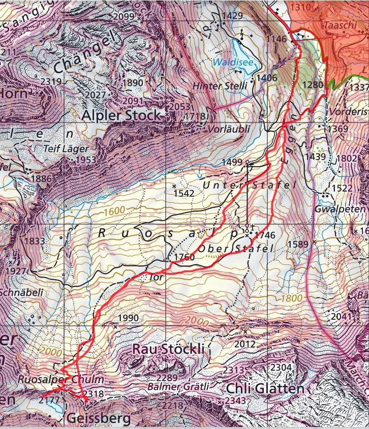 Übersicht auf die Route. Auf meinen Bergtouren arbeite ich mit dem Satmap Active 12 GPS mit Swisstopo Skitouren Routen. Erhältlich beim (www.trailshop.ch) in Küssnacht am Rigi.