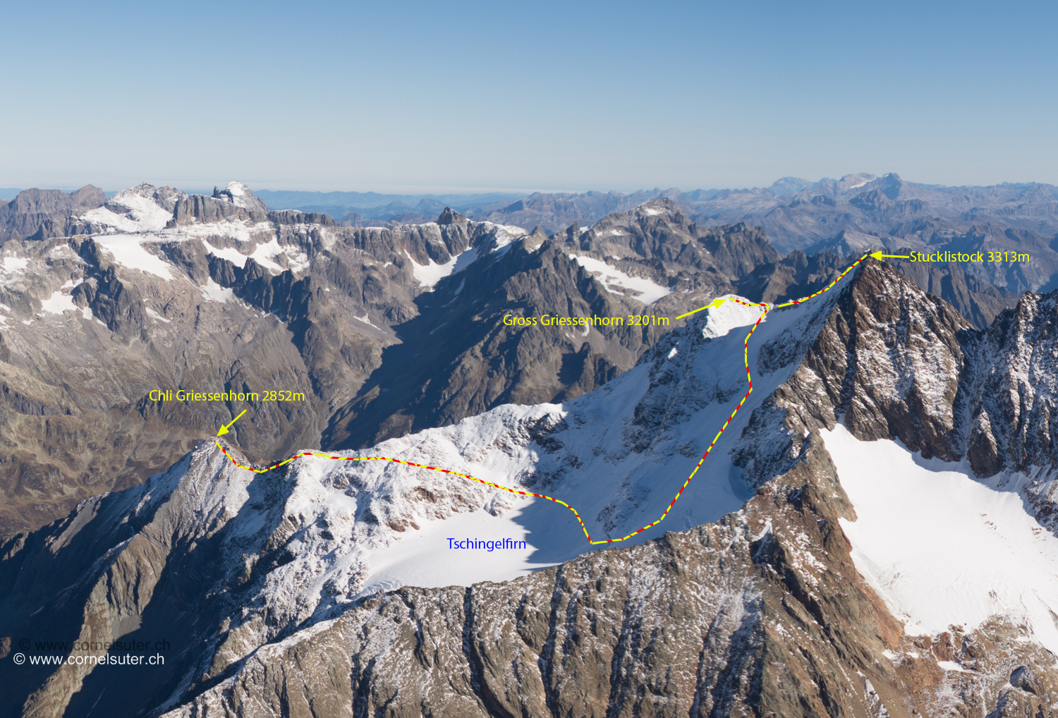 Ab dem Sustenhorn hat man einen guten Einblick in die Route ab Chli Griessenhorn bis zum Stucklistock