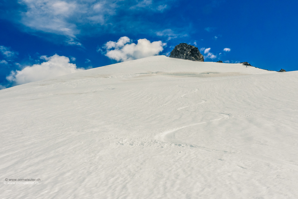 Abfahrt im Sustenhorn Gipfelhang, was für eine Freude, puah und das im Sommer...