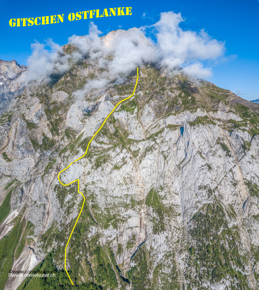 Flugbild von der Gitschen Ostflanke, an unserem Tourentag, übersicht, ca die Route.