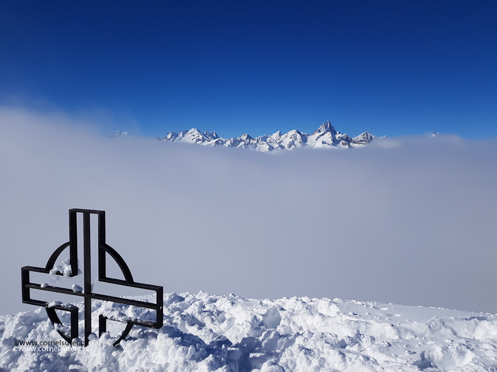 Knapp über dem Nebel, weit hinten das Finsteraarhorn 4274m.