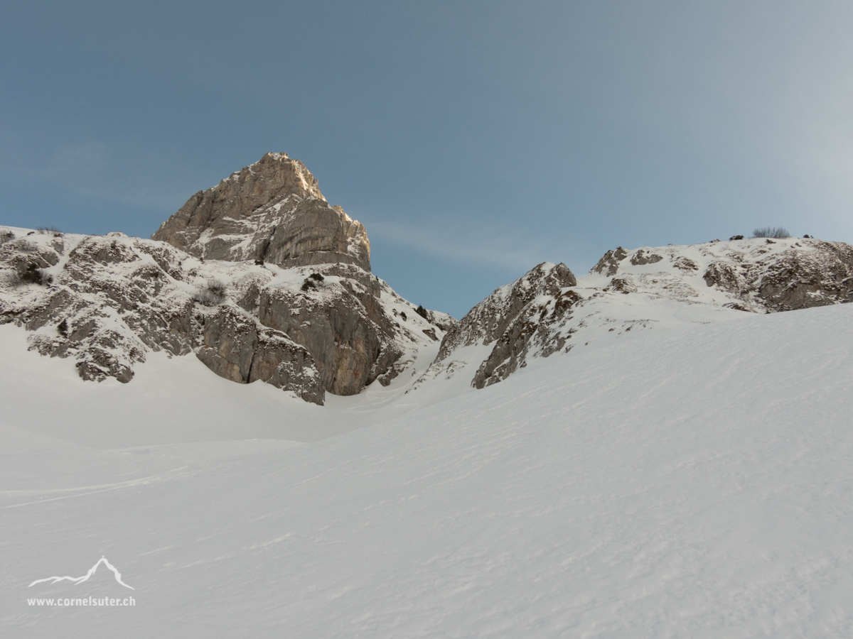 Sicht zurück, die Ausfahrt aus dem Couloir.