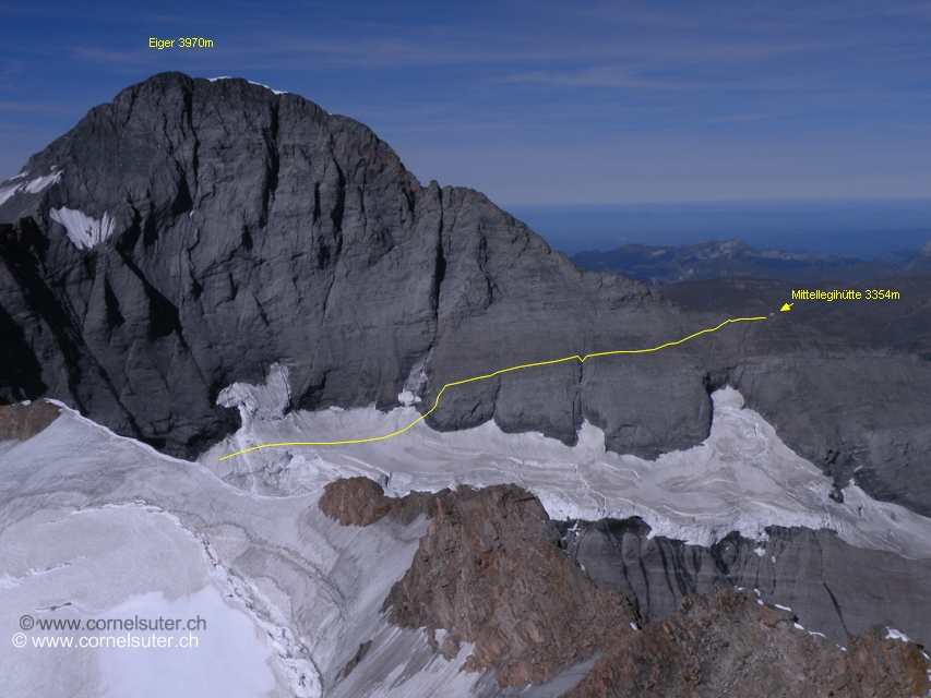 Sicht vom Walcherhorn 3692m (Klick Bericht lesen) und ca die Route zur Mittellegihütte 3454m.