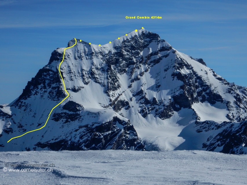 Zoom zum Grand Combin 4314m und ca die Südwandcouloir Route.