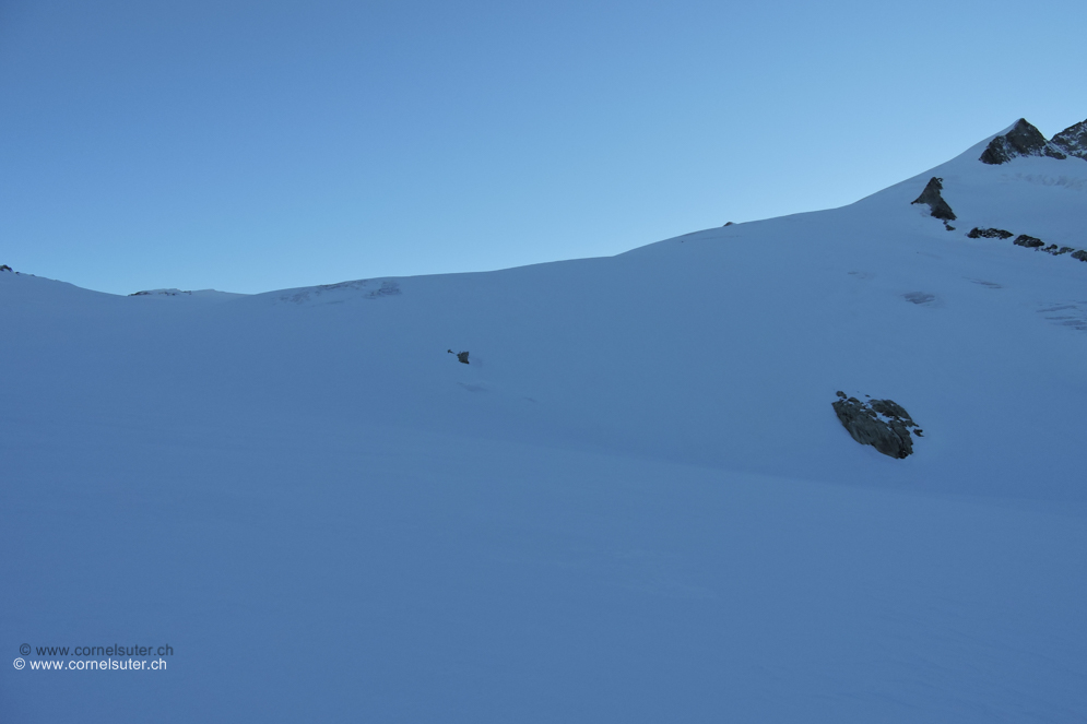 Rechts oben der erste Gipfel Hinterer Rhonestock 3588m. Links davon knapp noch zu erkennen der Dammastock 3630m.