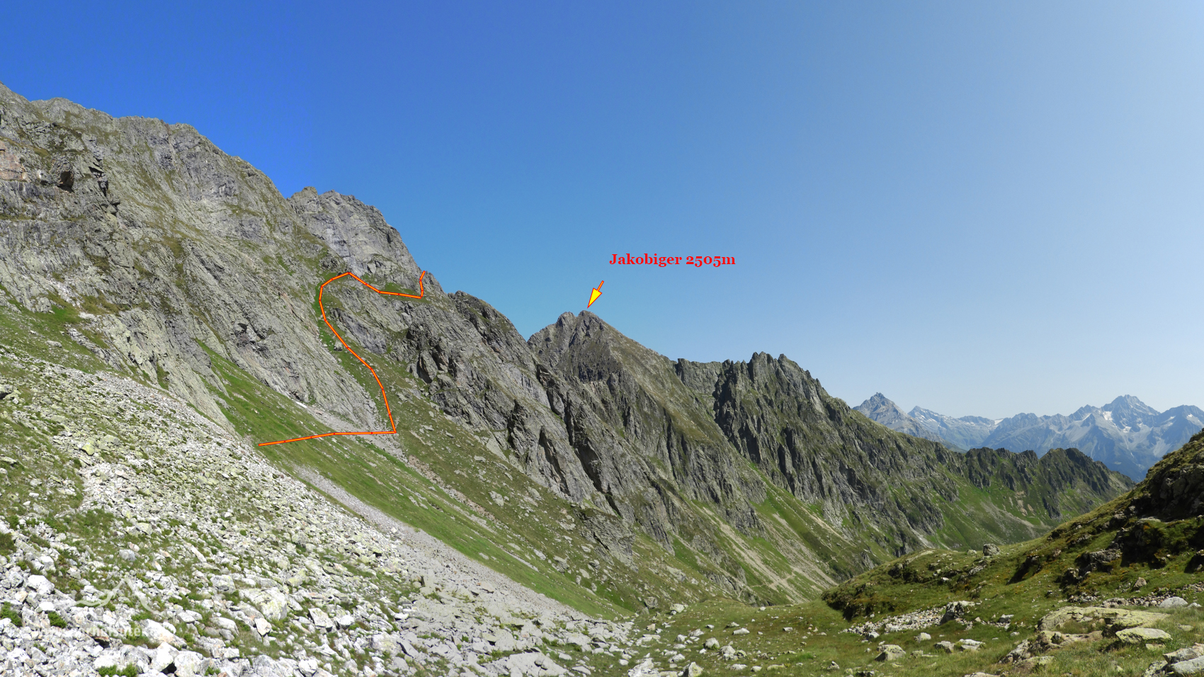 Kurz vor der Leutschachhütte, Sicht zurück und ca die Route ab dem Leidseepass, sieht anspruchsvoller aus als es ist.