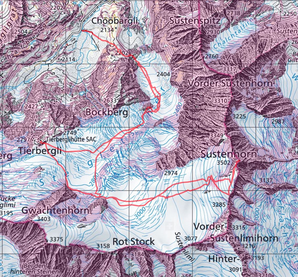 Diese Route wurde am Tourentag mit dem Satmap Active 20  aufgezeichnet und bezieht sich auf die damalige Situation (Wetter, Gelände, Gruppe etc.) 