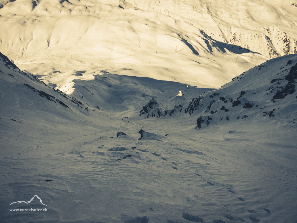Abfahrt im Canalone del Marchhorn, Windgepresst, hart aber griffig.