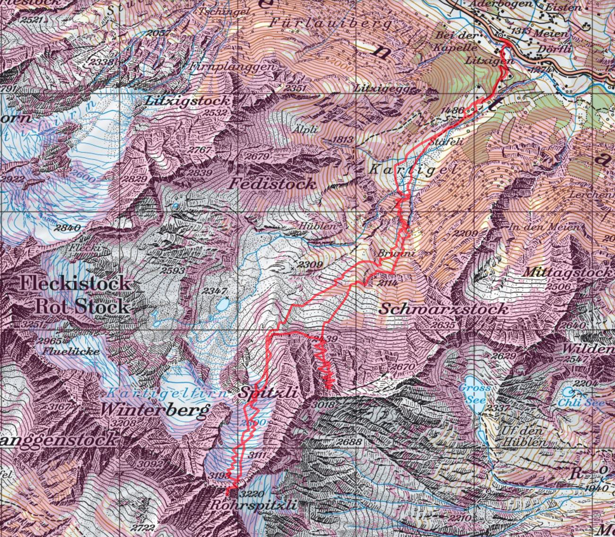 Diese Route wurde am Tourentag mit dem Satmap Active 20  aufgezeichnet und bezieht sich auf die damalige Situation (Wetter, Gelände, Gruppe etc.) 