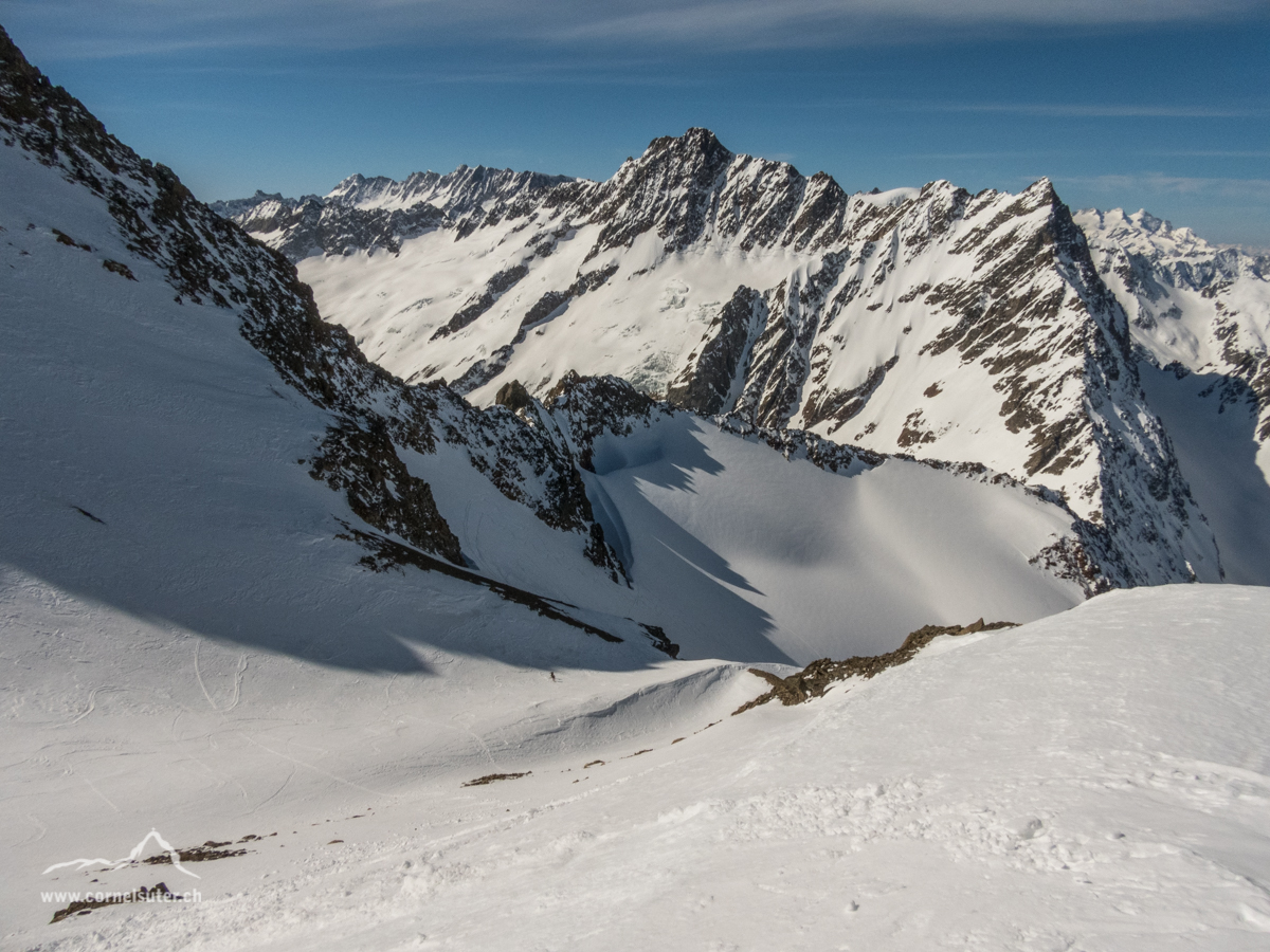 Die Route geht weiter, Abfahrt vom Gross Griessenhorn hinunter zum Tschingelfirn.