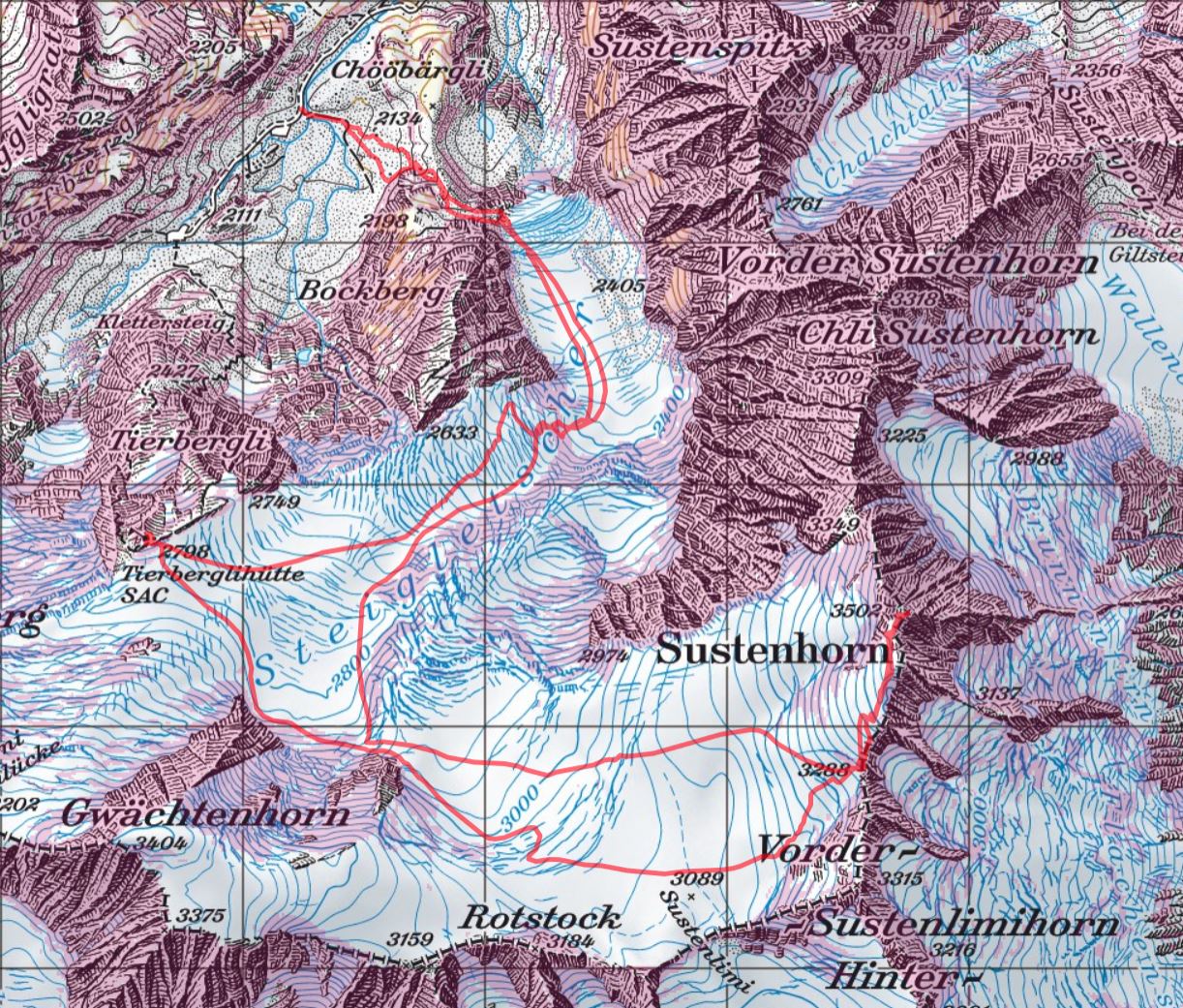 Diese Route wurde am Tourentag mit dem Satmap Active 20  aufgezeichnet und bezieht sich auf die damalige Situation (Wetter, Gelände, Gruppe etc.) 