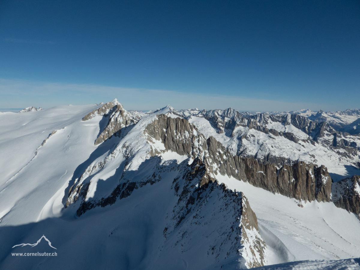 Ankunft auf dem Galenstock 3586m. Sicht zurück zum Grat.