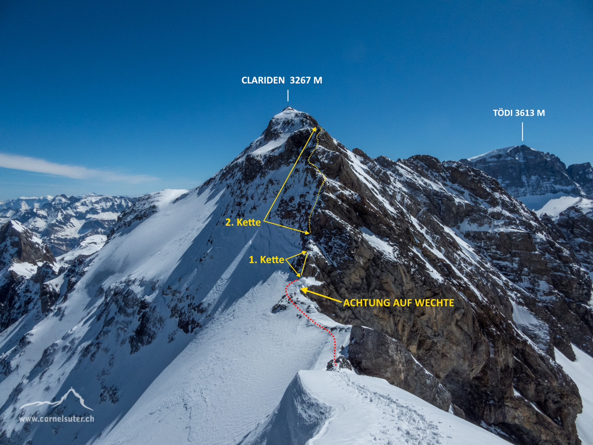 Der weitere Routenverlauf auf dem Westgrat zum Clariden. Es wurde eine weitere Kette (1.Kette) installiert.
