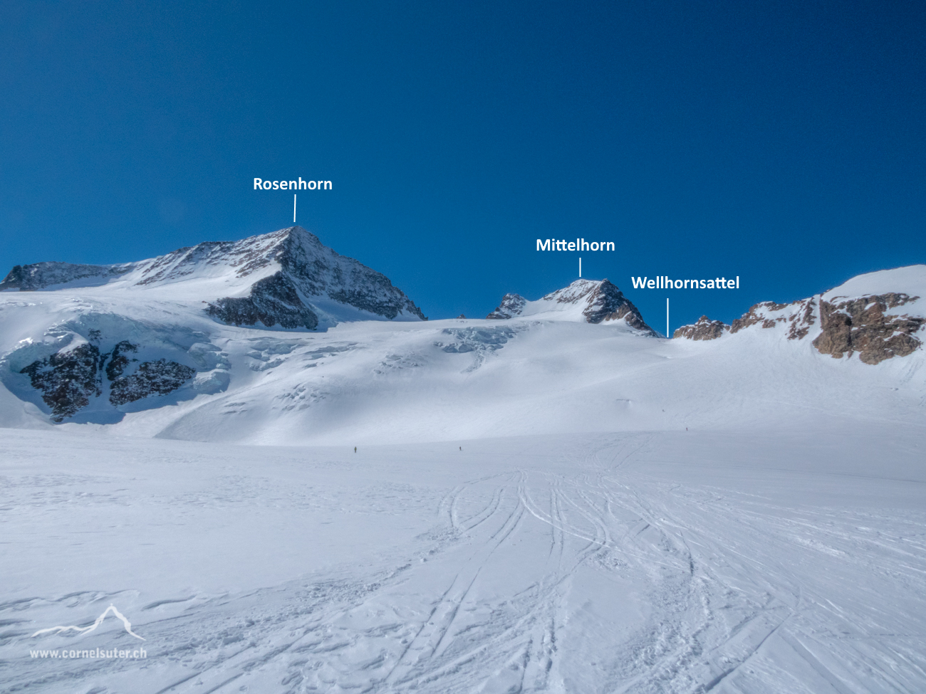 Sicht zurück, wie klein wir doch sind, die schwarzen kleinen Punkte auf dem Gletscher sind Skitourengänger...