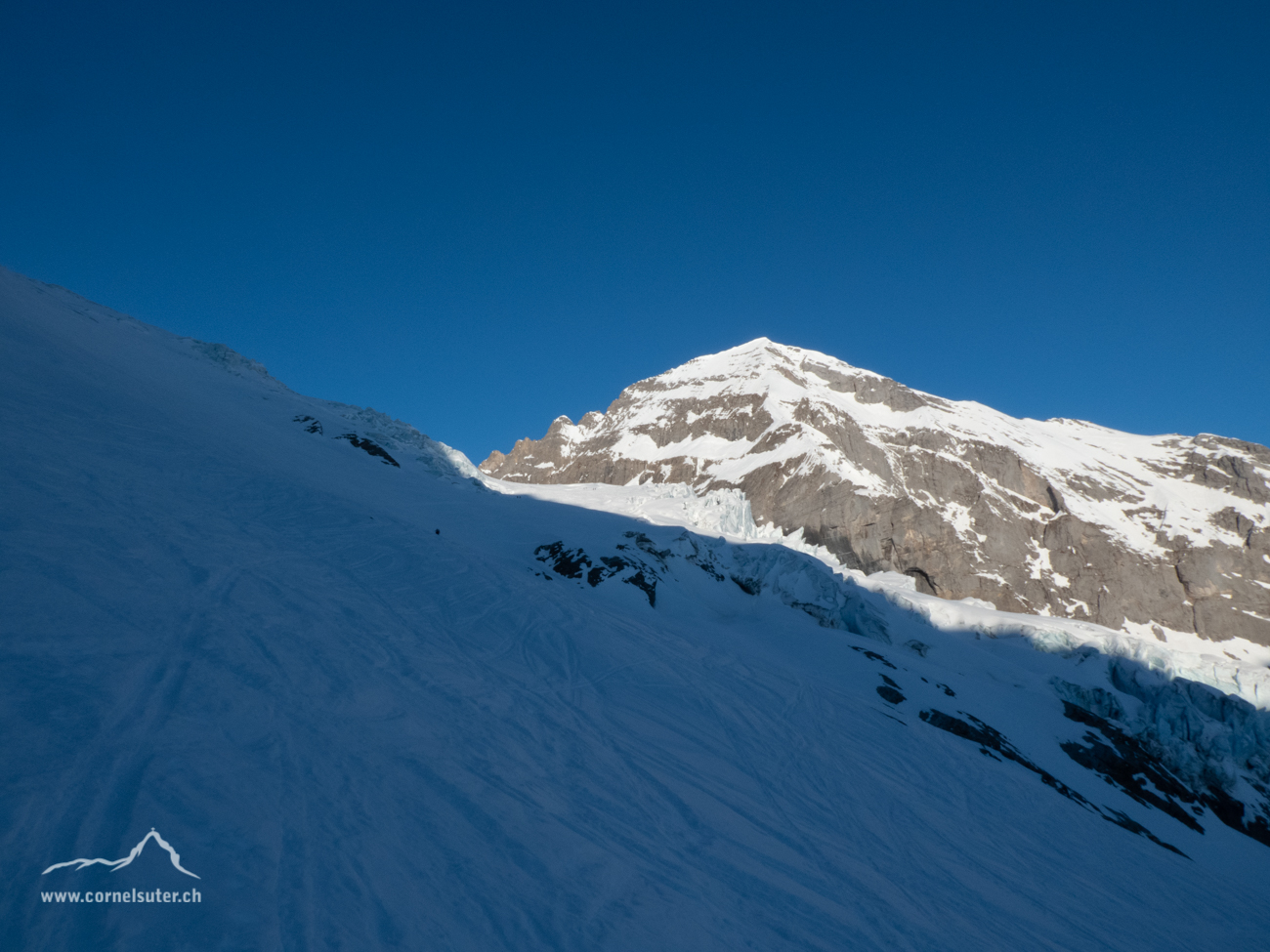 Bei Tossenpletschen, hinüber queren zum Rosenlowigletscher, im Hintergrund das Wellhorn.